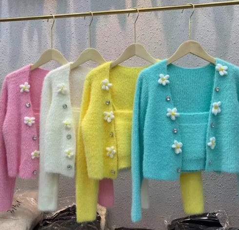 Beaded Flower Mink Fleece Two Piece Cardigan Sweater With Tank Top
